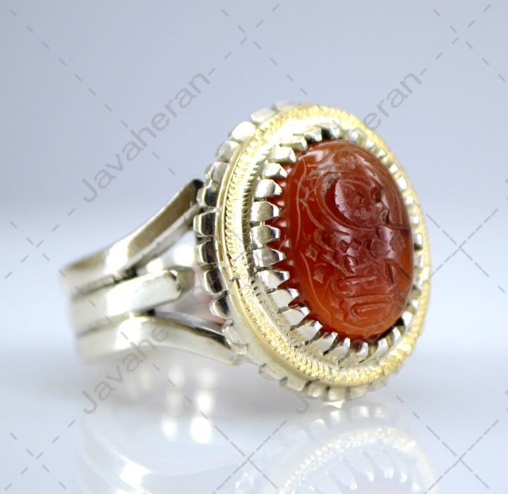 انگشتر فاخر تمام دست عقیق جزع اصل با خط زیبای حکاکی دست